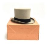 A Moss Bros. grey top hat, size 7 1/4, in hat box