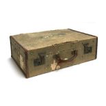 A vintage canvas covered and lined suitcase, with leather bracing, 'The Plito', London made,