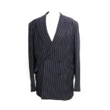 A double breasted navy chalk stripe two piece suit, approx. 38 inch chest, the trousers with side