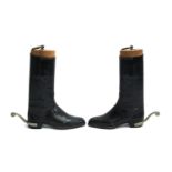 A pair of riding or cavalry boots with wooden trees and fitted spurs, by Maxwell, Dover Street