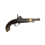 A mid to late 19th century French percussion pistol, brass fittings, powder ram rod, side plate