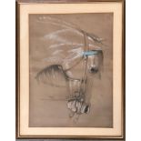 A.K Franks, 1889, study of a horses head with bridle, crayon and chalk heightened in white, 48x35cm