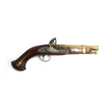 A smooth bore flintlock pistol, c.18th-19th century, with furniture in tact, brass barrel marked BP