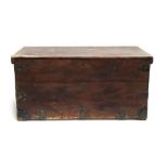 A pine tack or blanket box, with metal bracing and loop handles, 104x51x50cm