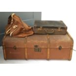 A vintage wood banded travel trunk, 90cm wide; together with a vintage canvas duffel bag and small