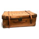 A vintage suitcase, with removeable tray, and leather corner brackets, the top monogrammed JSRB,