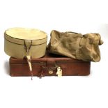 A Homa gent's leather suitcase, 72cm wide, with padlock and key, together with a vintage hat box,