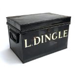 A black enamelled deed box, twin loop handles, 32cmW, marked 'L. Dingle'