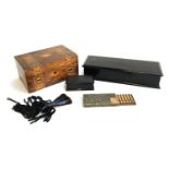 A small parquetry jewellery box with removable tray, 22cmW; together with two hardwood boxes and
