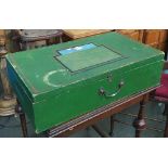 A green painted pine box, with divided interior, 61cmW
