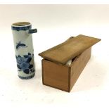 A small Japanese teapot, blue and white with floral design, in wooden box, 16.5cmH