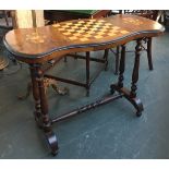 A 20th century marquetry chess table, double end supports joined by turned stretcher, 94cmW