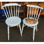 A pair of blue painted stickback kitchen chairs; together with two others