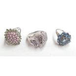 Three 9ct white gold rings with coloured stones, all size N 1/2, gross weight 15.1g