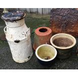 Two ceramic planters together with a terracotta rhubarb cloche and a milk pail