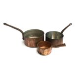 Two heavy copper saucepans, both marked 'Made in France', 24cmD and 20.5cmD; together with one other