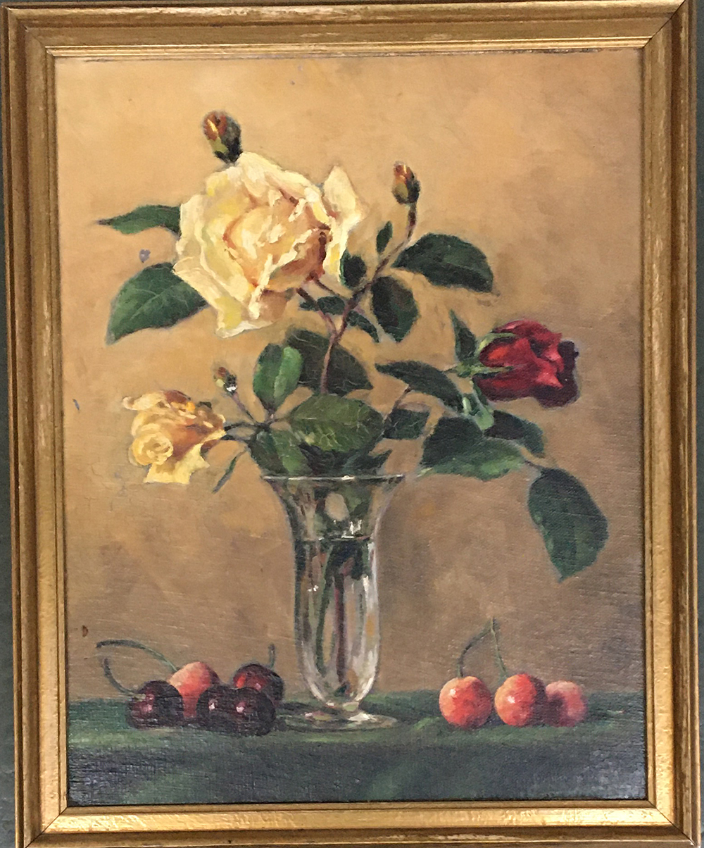 G. Schicht, still life of roses and cherries, 1940(?), oil on board, 37x28cm