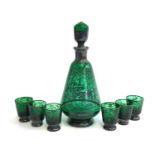A probably Austrian green silvered glass decanter and schnapps glass set, 22.5cmH including stopper