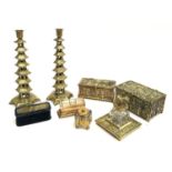 A collection of brass items to include two candlesticks in the form of pagodas; two brass boxes (one