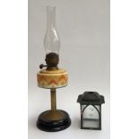 An Art Deco oil lamp with glass chimney; together with an early 20th century lantern