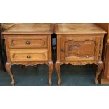 A pair of continental oak bedside tables, one with two drawers, the other with cupboard, carved