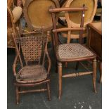 An unusual wicker child's chair, together with a caned occasional chair