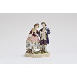 A Continental porcelain figure of an 18th century gentleman and lady (af), heightened in gilt, marke
