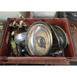 A mixed lot of metal items to include brass horse statue, silver plated chafing dishes, four armed