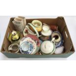 A mixed box of ceramics to include Torquay pottery, blue and white ware, Devon Fieldings, St. Ives