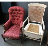 A white painted commode chair with caned seat and back; together with a buttonback bedroom chair