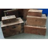 A lot of five pine storage boxes, the largest 64cmW, the smallest 38cmW
