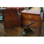 A 19th century mahogany letter rack; a 19th century specimen box, doors opening to reveal two