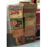 A lot of eight vintage wooden fruit crates, each approx. 50x30x30cmH, some with labels