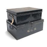 Two black enamelled deed boxes, one initialled W.G.H, 41cmW and 37cmW (2)