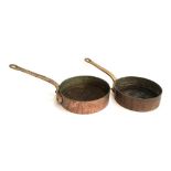 Two copper and brass handled frying pans, marked 'Helvetia, Made in England', 23.5cmD and 21.5cmD (