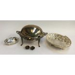 A small quantity of plated items to include chafing dish, swing handled pierced sweetmeat basket,