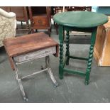 A green painted circular occasional table with barley twist legs; together with a small sofa