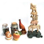 A mixed lot to include a German carved pull along wooden animal stack, a 'Wild Turkey Kentucky