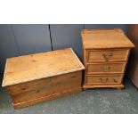 A pine blanket box, 80cmW; a pine three drawer bedside cabinet, 47cmW; and a beech science lab