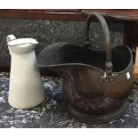 A copper coal scuttle with swing handle; with enamel wash jug, 31cmH