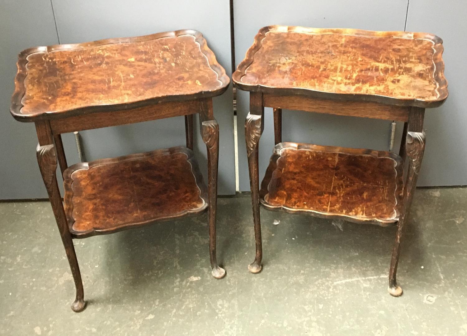A pair of burr walnut quarter veneer occasional tables, with undershelves, 35x43x53cmH