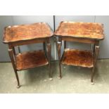 A pair of burr walnut quarter veneer occasional tables, with undershelves, 35x43x53cmH