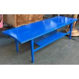 A mid-century coffee table painted blue, with undershelf, 121x40x35cmH