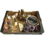 A mixed lot to include Middle Eastern plates, desk clock, carved stone monkeys etc