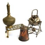 A brass trivet , plated teapot on stand with burner, Indian brass ewer , approx. 33cmH, and a copper