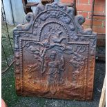 A cast iron fireplace backplate inscribed 'PAX 1679', 62x76cm