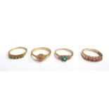 Four 9ct gold dress rings with coloured stones, gross weight 7.8g