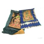Two Indian paintings attached to fabric border, one approx. 55x38cm