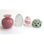 Four glass items to include a signed Mdina vase, Isle of Wight paperweight, millefiori paperweight