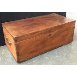 A 19th century chest with heavy brass loop handles, removable tray and leather retaining straps,
